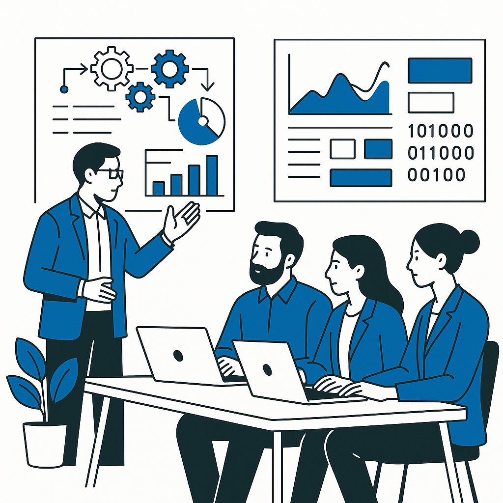 A professional modern office scene showing a small team of IT consultants collaborating over laptops and digital dashboards Emphasize teamwork clarity and focus with visual elements representing people processes and technology working seamlessly toge