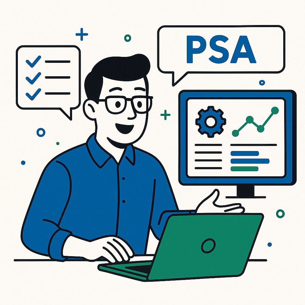 cartoon style light back ground no words grpahic 0064AF 0083BC 40D300 FCFCFB 181919Your fractional Service Manager We get inside your PSA clean up your data optimize your workflows and build dashboards that reflect whats really happening